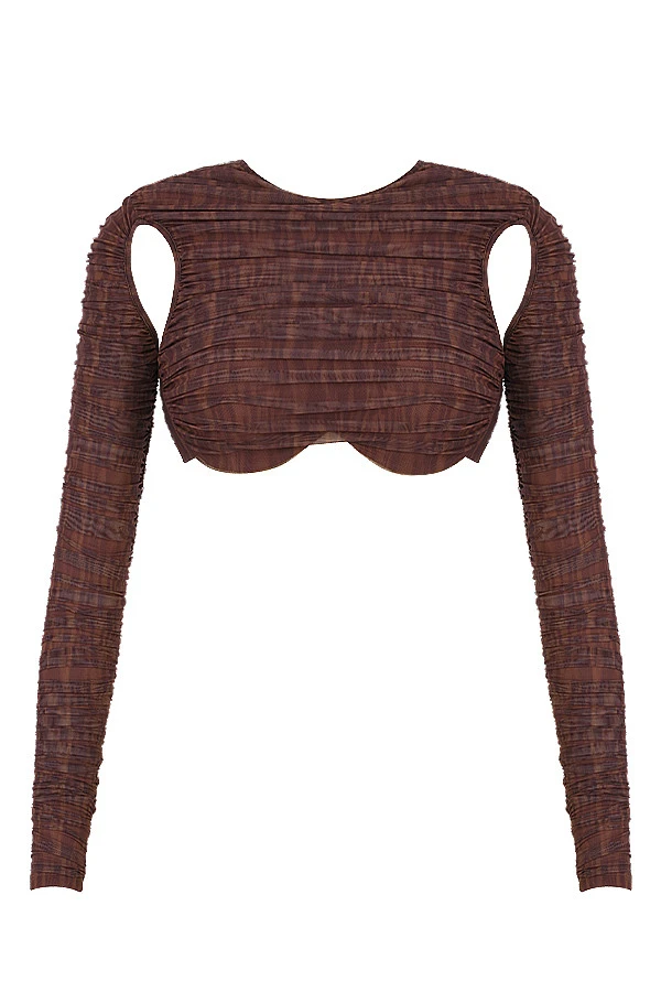 Chocolate Print Ruched Mesh Cutout Cropped Top 12 Chocolate Print Ruched Mesh Cutout Cropped Top – Bild 12