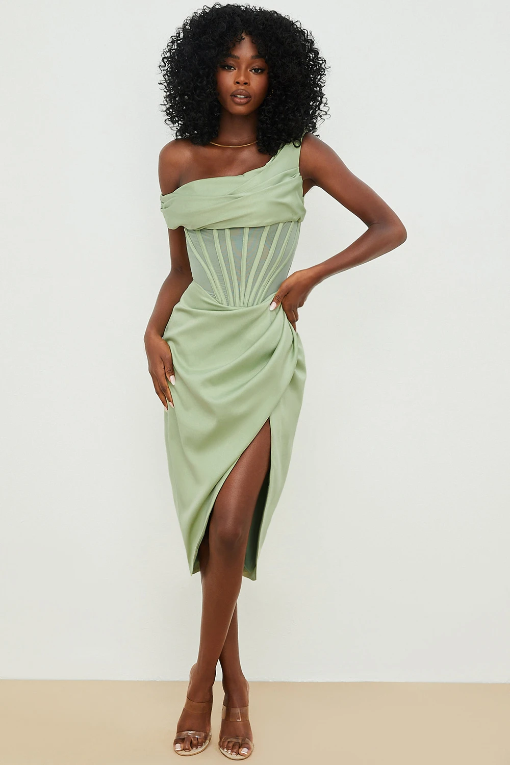 Pistachio Asymmetric Drape Midi Corset Dress 6 Pistachio Asymmetric Drape Midi Corset Dress – Bild 6