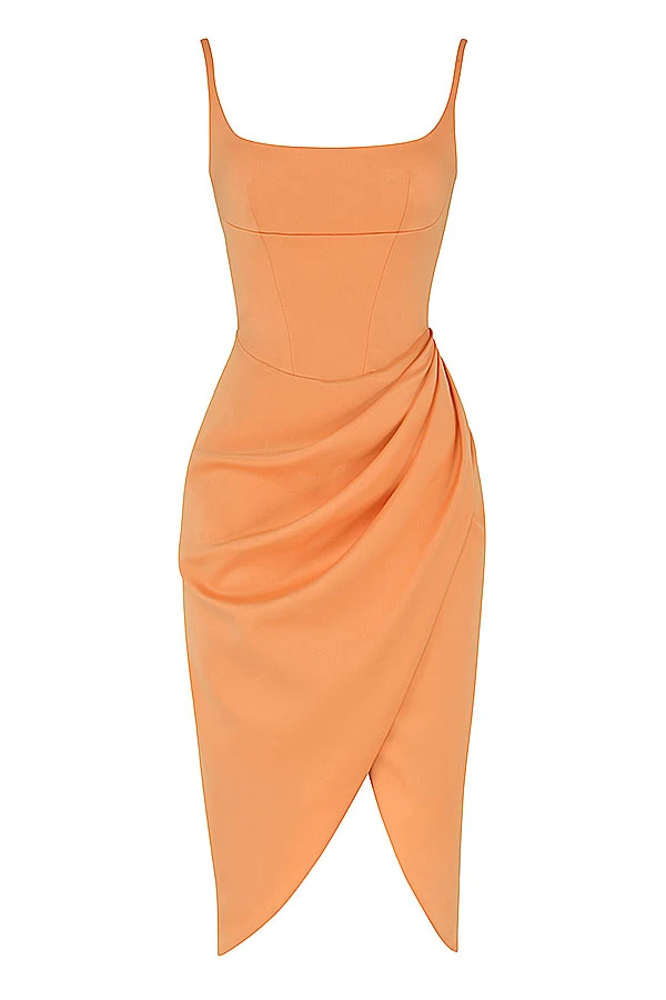 Tangerine Satin Pleated Corset Midi Dress 14 Tangerine Satin Pleated Corset Midi Dress – Bild 14