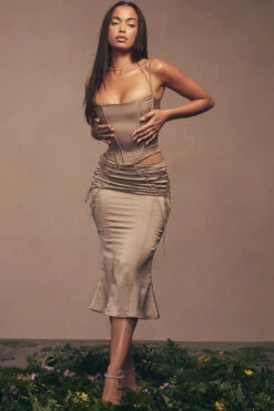 Latte Satin Lace Up Midi Skirt -Pinkyy Kleider Geschaft 1649745204 chantelle l14