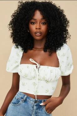 Ivory Floral Puff Sleeve Cropped Top -Pinkyy Kleider Geschaft arianna 3a