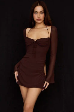 Chocolate Chiffon Cutout Halter Mini Dress