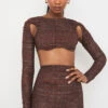 Chocolate Print Ruched Mesh Cutout Cropped Top