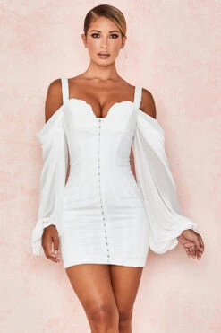 White Corset Dress With Blouson Sleeves