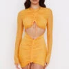 Orange Ruched Mesh Long Sleeve Cutout Mini Dress