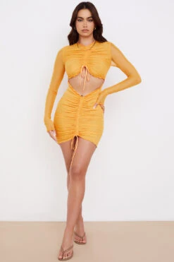 Orange Ruched Mesh Long Sleeve Cutout Mini Dress -Pinkyy Kleider Geschaft jeanelle 2