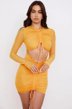Orange Ruched Mesh Long Sleeve Cutout Mini Dress -Pinkyy Kleider Geschaft jeanelle 4