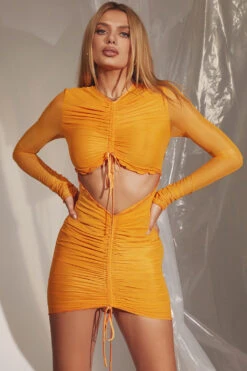 Orange Ruched Mesh Long Sleeve Cutout Mini Dress -Pinkyy Kleider Geschaft jeanelle o12