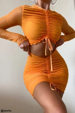Orange Ruched Mesh Long Sleeve Cutout Mini Dress -Pinkyy Kleider Geschaft jeanelle orange 21