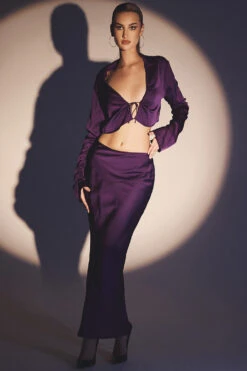 Grape Satin Cropped Tie Front Top -Pinkyy Kleider Geschaft lavender p15