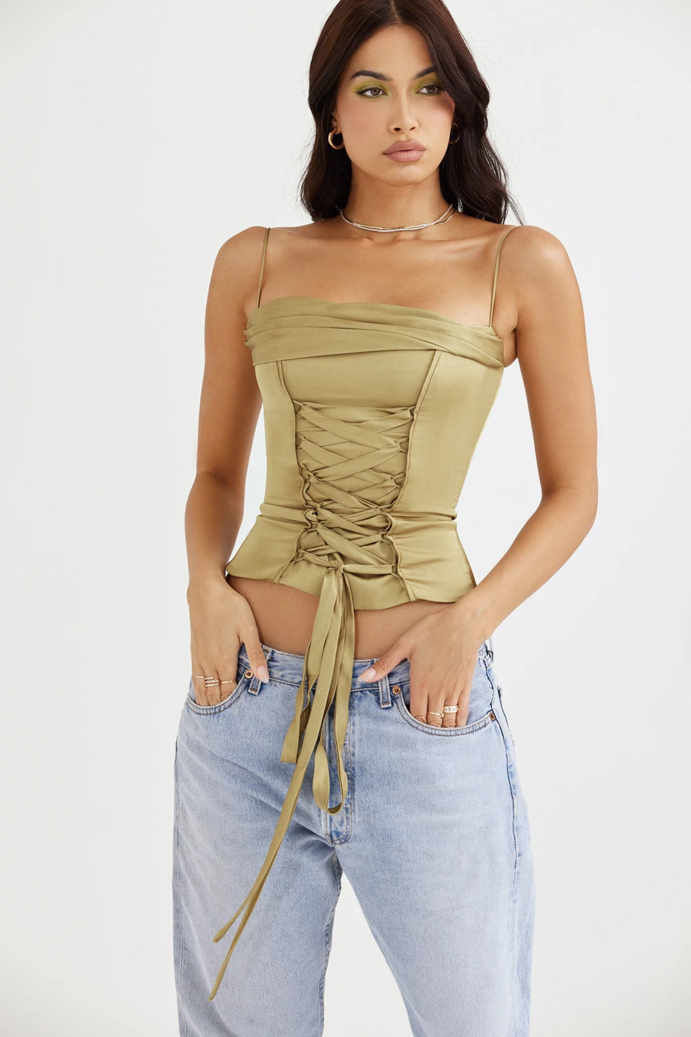 Olive Satin Lace Up Corset 5 Olive Satin Lace Up Corset – Bild 5