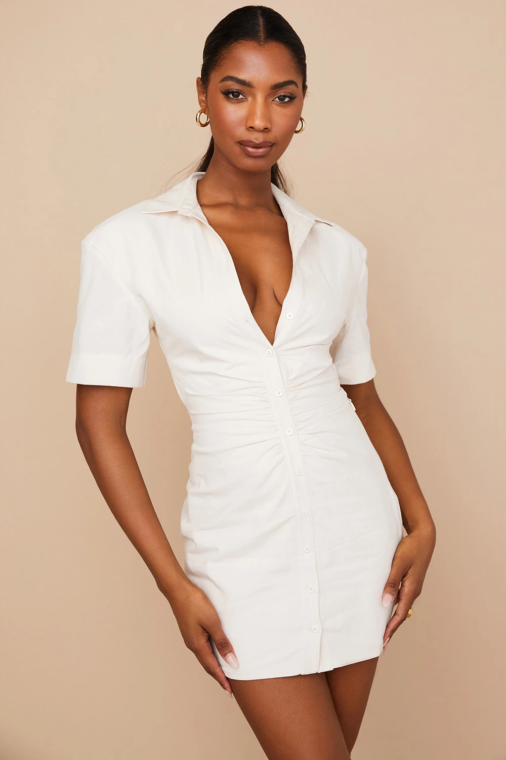 Beige Open Back Shirt Dress 3 Beige Open Back Shirt Dress – Bild 3