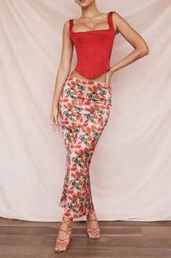 Rose Print Satin Midi Skirt