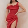 Red Asymmetric Drape Midi Corset Dress