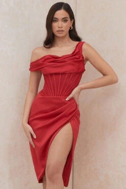 Red Asymmetric Drape Midi Corset Dress