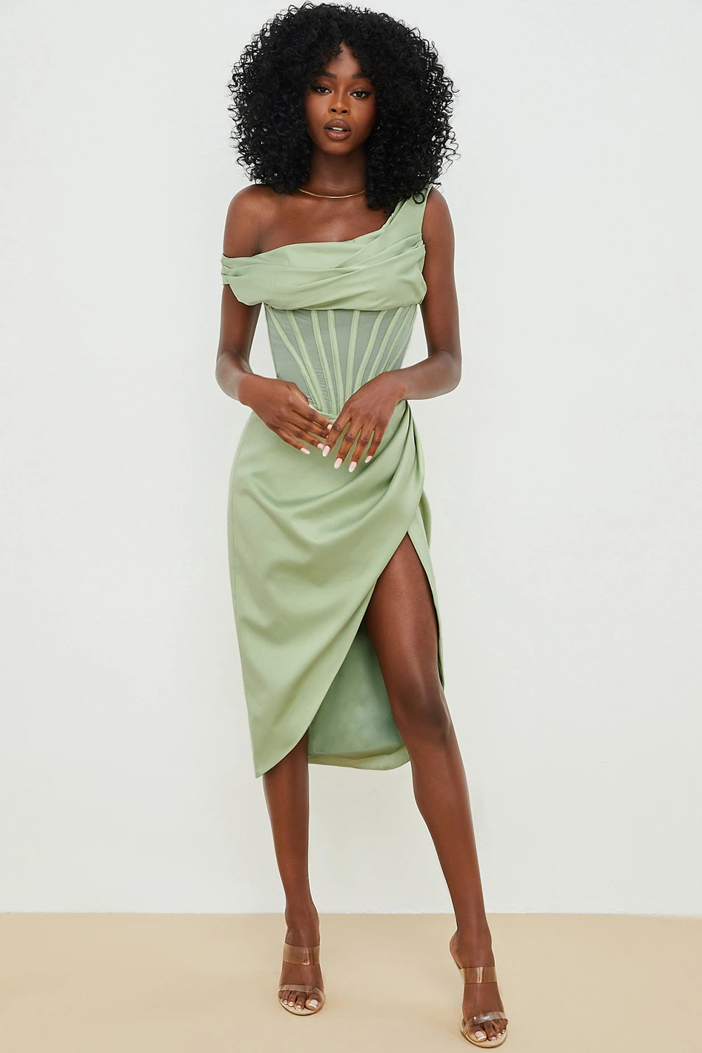 Pistachio Asymmetric Drape Midi Corset Dress 4 Pistachio Asymmetric Drape Midi Corset Dress – Bild 4