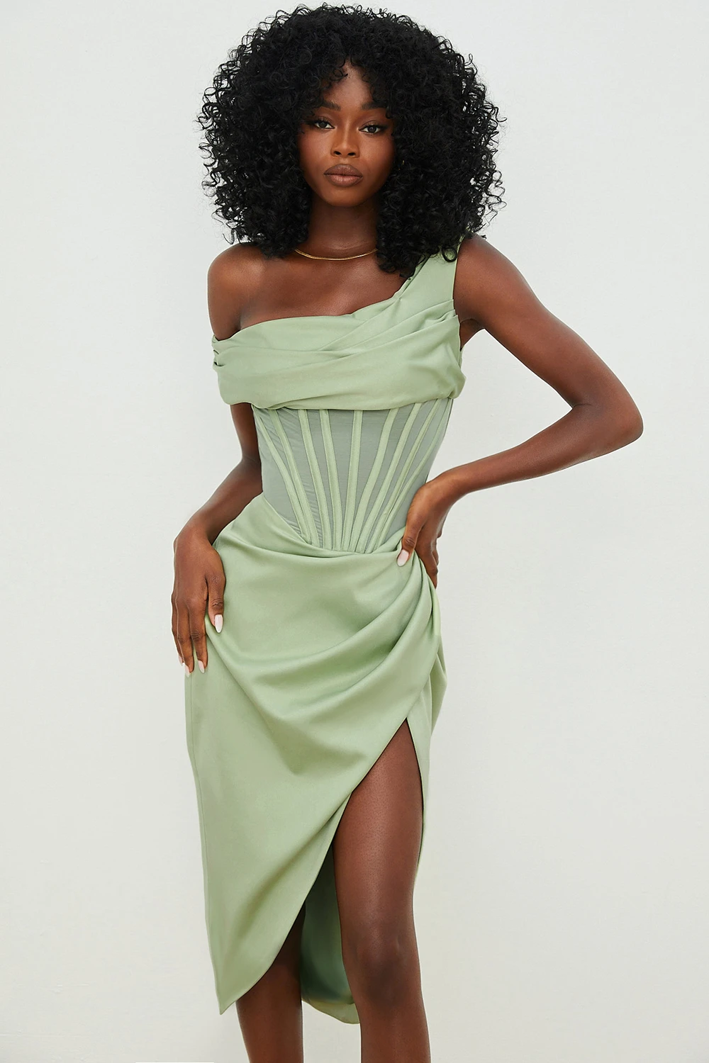 Pistachio Asymmetric Drape Midi Corset Dress 3 Pistachio Asymmetric Drape Midi Corset Dress – Bild 3
