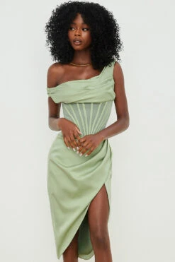 Pistachio Asymmetric Drape Midi Corset Dress