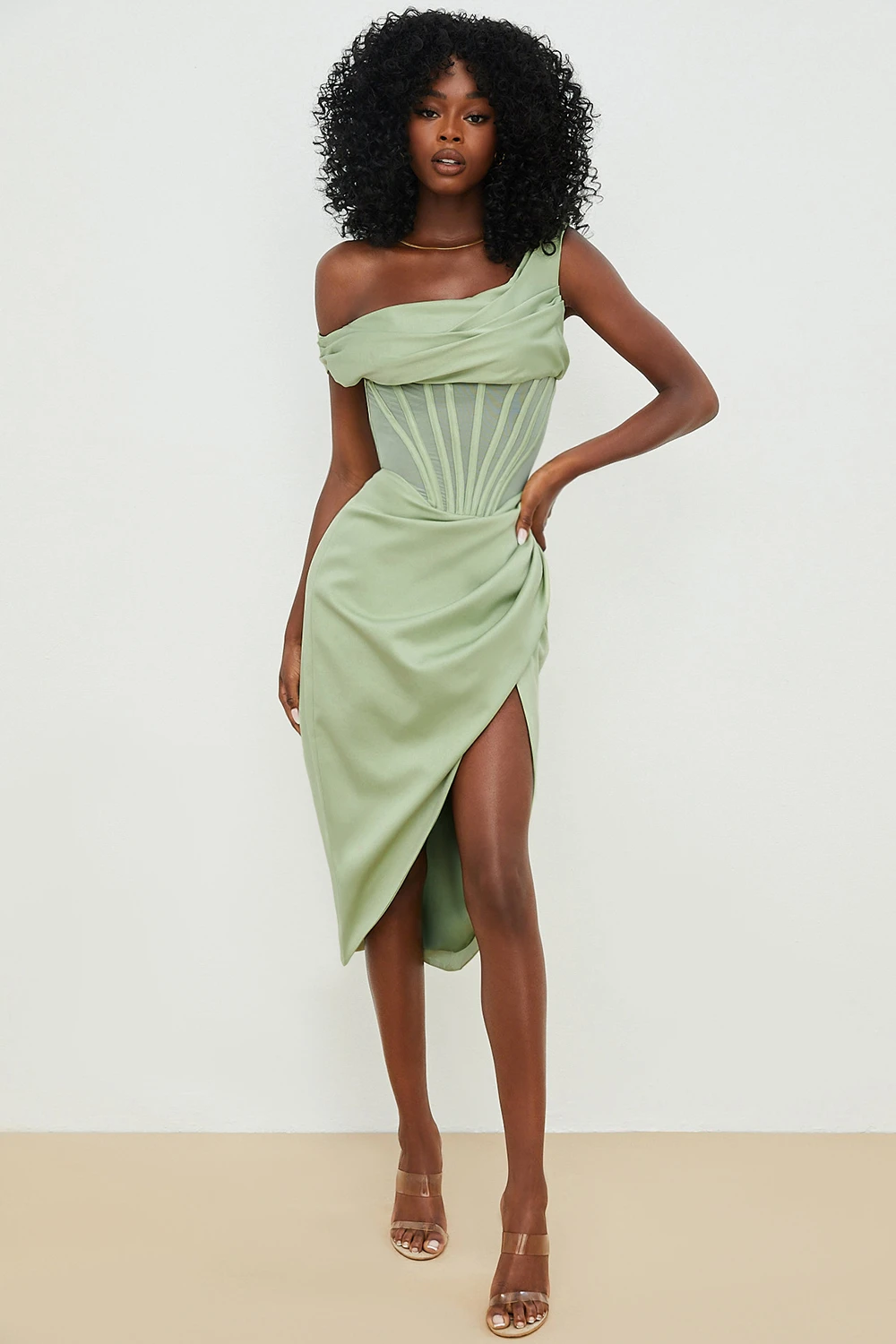 Pistachio Asymmetric Drape Midi Corset Dress 5 Pistachio Asymmetric Drape Midi Corset Dress – Bild 5