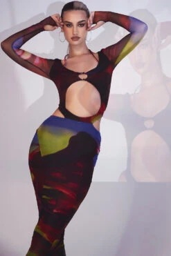 Printed Cut Out Midi Dress -Pinkyy Kleider Geschaft marina p15