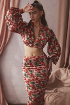 Rose Print Satin Midi Skirt -Pinkyy Kleider Geschaft monica p11164360149561f75e57e389c