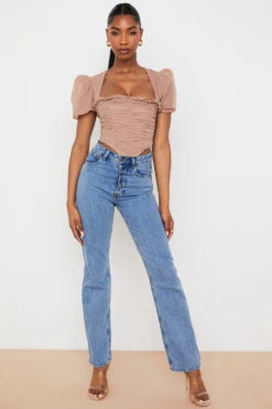 Tan Mesh Puff Sleeve Gathered Corset -Pinkyy Kleider Geschaft nora 1