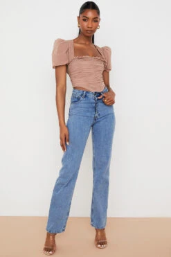 Tan Mesh Puff Sleeve Gathered Corset -Pinkyy Kleider Geschaft nora 2