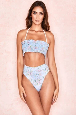 Blue Floral Print Shirred Bikini