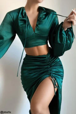 Emerald Green Satin Gathered Skirt -Pinkyy Kleider Geschaft petronella e41