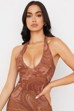 Cocoa Swirl Print Halter Bodysuit