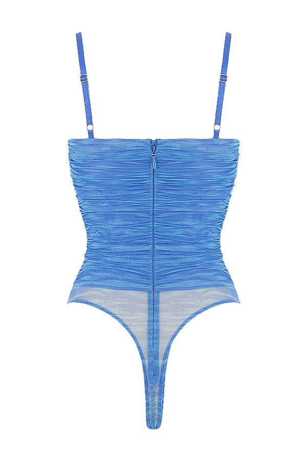 Sky Blue Print Ruched Mesh Bodysuit 14 Sky Blue Print Ruched Mesh Bodysuit – Bild 14