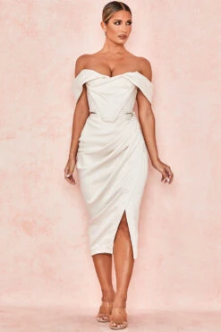 Ivory Satin Draped Midi Skirt -Pinkyy Kleider Geschaft sb5886silva 2