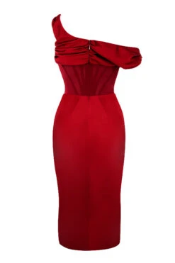 Red Asymmetric Drape Midi Corset Dress -Pinkyy Kleider Geschaft sb6301 03g