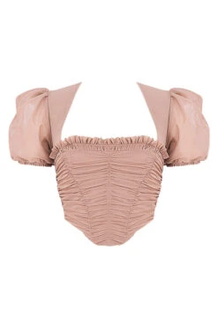 Tan Mesh Puff Sleeve Gathered Corset -Pinkyy Kleider Geschaft sb6765 01a