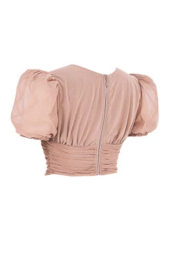 Tan Mesh Puff Sleeve Gathered Corset -Pinkyy Kleider Geschaft sb6765 02a