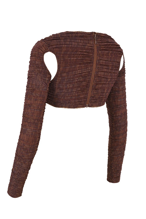 Chocolate Print Ruched Mesh Cutout Cropped Top 13 Chocolate Print Ruched Mesh Cutout Cropped Top – Bild 13