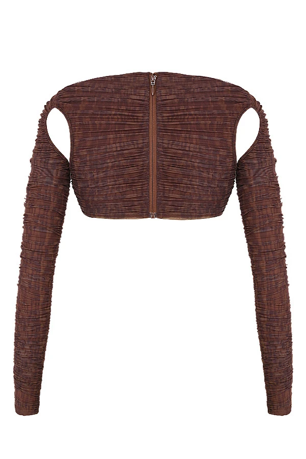 Chocolate Print Ruched Mesh Cutout Cropped Top 14 Chocolate Print Ruched Mesh Cutout Cropped Top – Bild 14