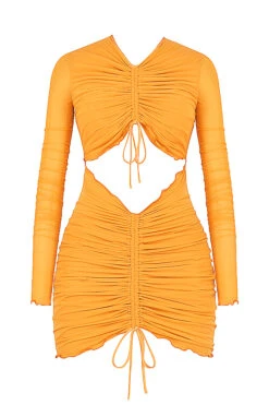 Orange Ruched Mesh Long Sleeve Cutout Mini Dress -Pinkyy Kleider Geschaft sb7321 01a