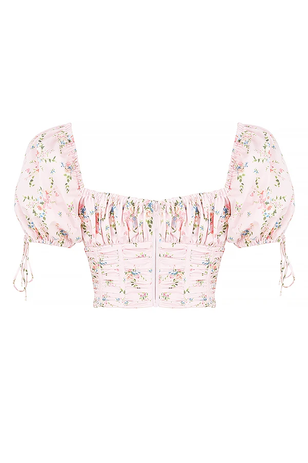 Pink Floral Puff Sleeve Corset Top 10 Pink Floral Puff Sleeve Corset Top – Bild 10