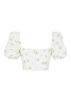 Ivory Floral Puff Sleeve Cropped Top -Pinkyy Kleider Geschaft sb7399a 03
