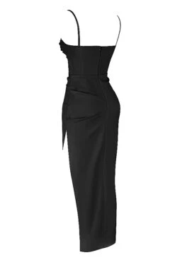 Black Satin Pleated Corset Midi Dress -Pinkyy Kleider Geschaft sb7817a 02