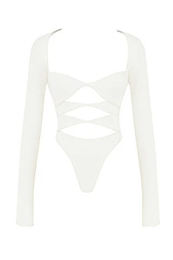 White Cutout Bodysuit -Pinkyy Kleider Geschaft sb8142a 01a