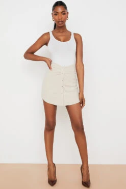 Beige Linen Gathered Waist Mini Skirt -Pinkyy Kleider Geschaft tayo 1