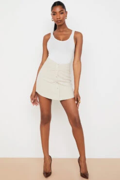 Beige Linen Gathered Waist Mini Skirt -Pinkyy Kleider Geschaft tayo 2