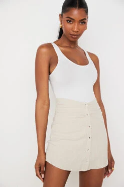 Beige Linen Gathered Waist Mini Skirt