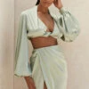 Sage Silky Satin Plunge Blouson Top