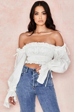 White Ruched Off Shoulder Top
