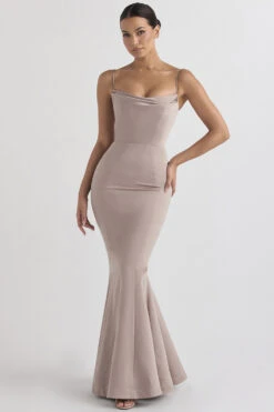 Mushroom Satin Fishtail Gown